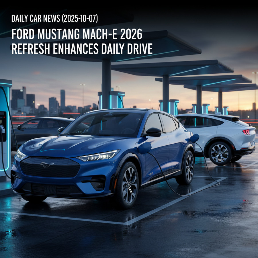 Editorial, photo-realistic HERO for an automotive daily news article titled "Ford Mustang Mach-E 2026 Refresh Enhances Daily Drive – Daily Car News (2