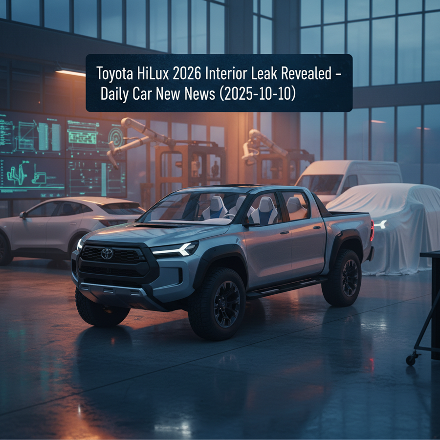 Editorial, photo-realistic HERO for an automotive daily news article titled "Toyota HiLux 2026 Interior Leak Revealed – Daily Car News (2025-10-10)".