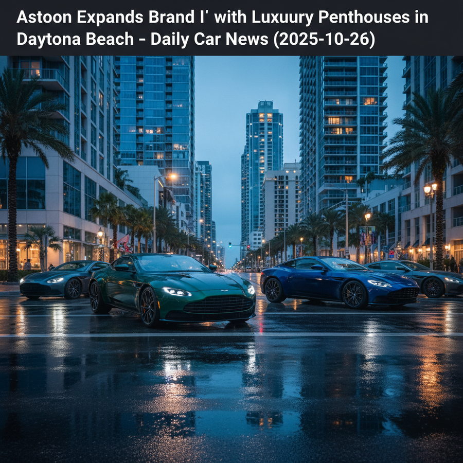 Editorial, photo-realistic HERO for an automotive daily news article titled "Aston Martin Expands Brand with Luxury Penthouses in Daytona Beach – Dail