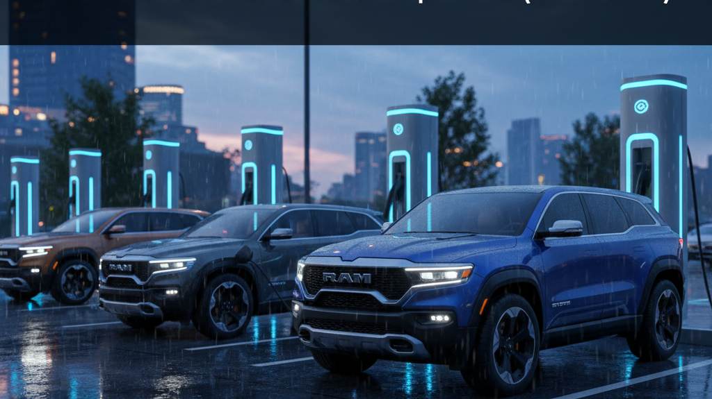 Editorial, photo-realistic HERO for an automotive daily news article titled "Ram Confirms First SUV Development – Daily Car News (2025-11-03)". Depict