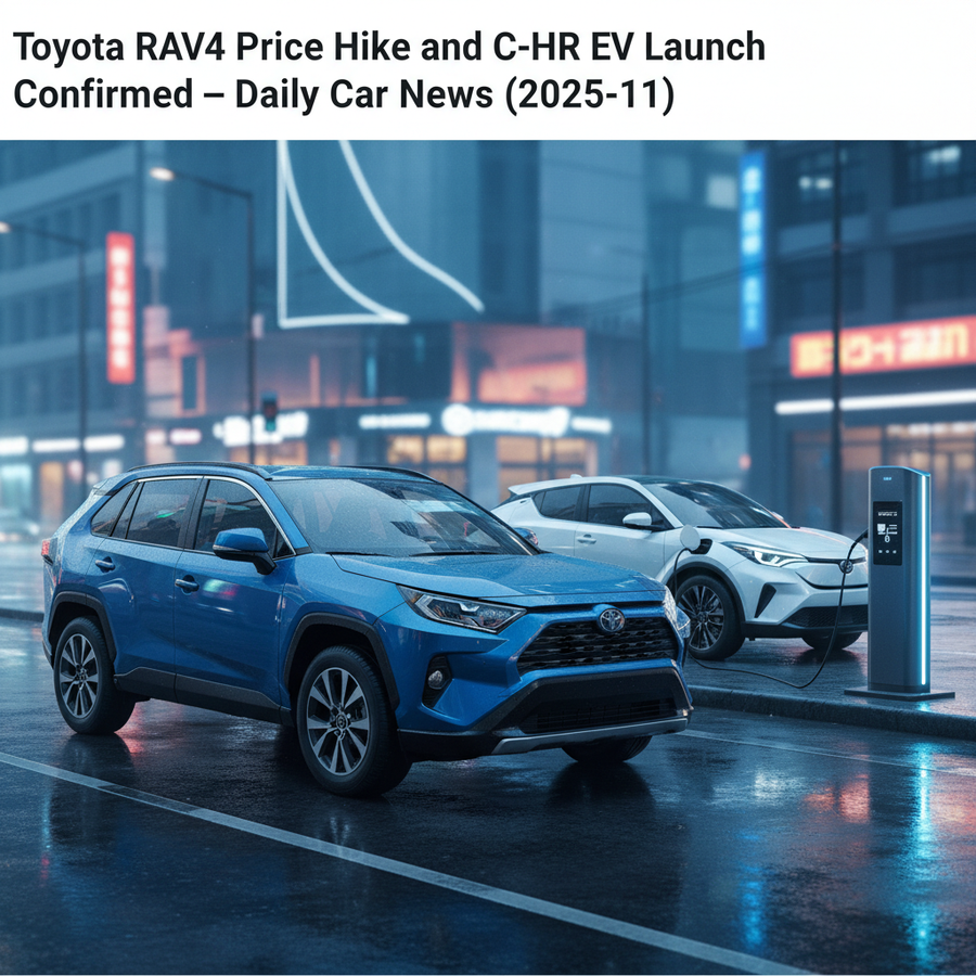 Editorial, photo-realistic HERO for an automotive daily news article titled "Toyota RAV4 Price Hike and C-HR EV Launch Confirmed – Daily Car News (202