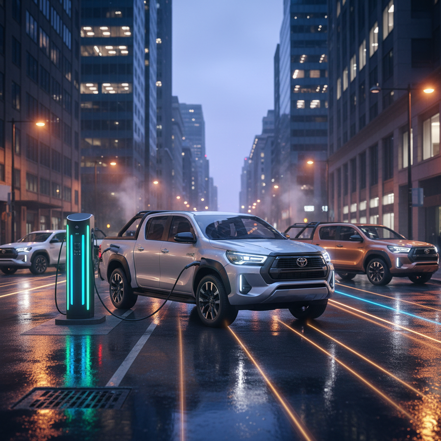 Editorial, photo-realistic HERO for an automotive daily news article titled "Toyota HiLux EV Aims for Urban Utility – Daily Car News (2025-11-12)". De