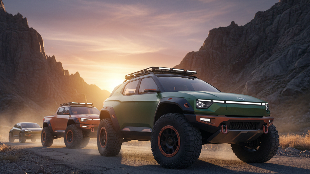 Editorial, photo-realistic HERO for an automotive daily news article titled "Hyundai Crater Concept Teases Rugged Off-Roader – Daily Car News (2025-11