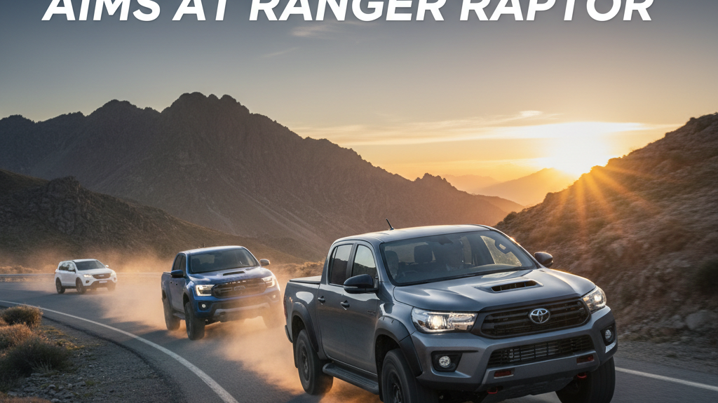 Editorial, photo-realistic HERO for an automotive daily news article titled "Toyota HiLux GR Sport Aims at Ranger Raptor – Daily Car News (2025-11-20)