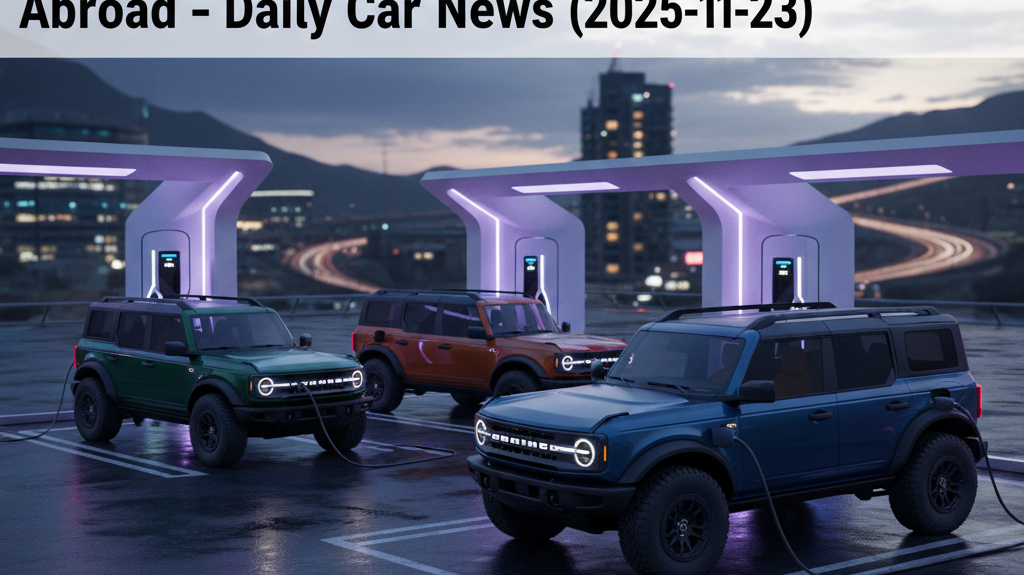 Editorial, photo-realistic HERO for an automotive daily news article titled "Ford Bronco EV Rumored to Deliver More Power Abroad – Daily Car News (202