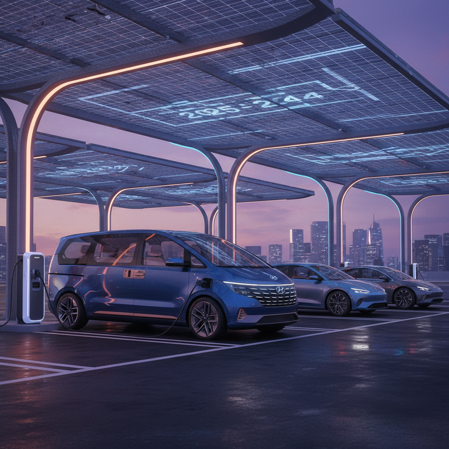 Editorial, photo-realistic HERO for an automotive daily news article titled "Hyundai Staria EV Teased Ahead of January Reveal – Daily Car News (2025-1