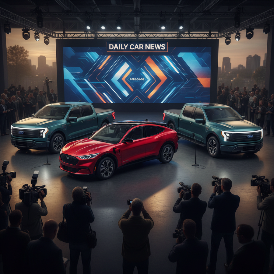 Editorial, photo-realistic HERO for an automotive daily news article titled "Ford Leads Recall Charts Again in 2026 – Daily Car News (2026-01-01)". De