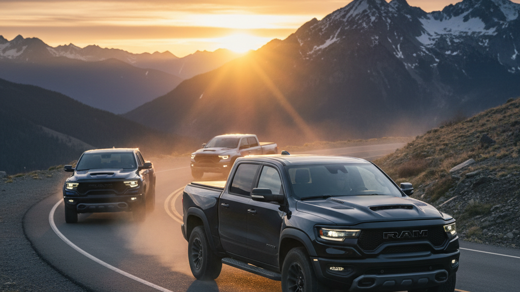 Editorial, photo-realistic HERO for an automotive daily news article titled "Ram 1500 TRX Supercharged V8 Roars Back Into Action – Daily Car News (202