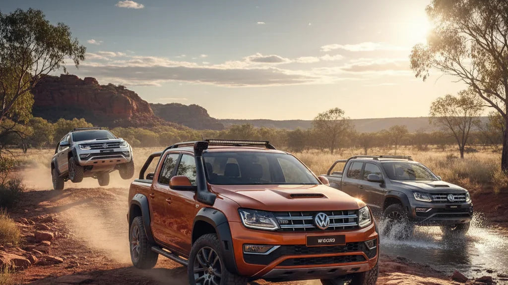 Editorial photo-realistic HERO image for automotive news (2026-01-22). Feature Volkswagen and Walkinshaw vehicles specifically Amarok W600. Scene: A r