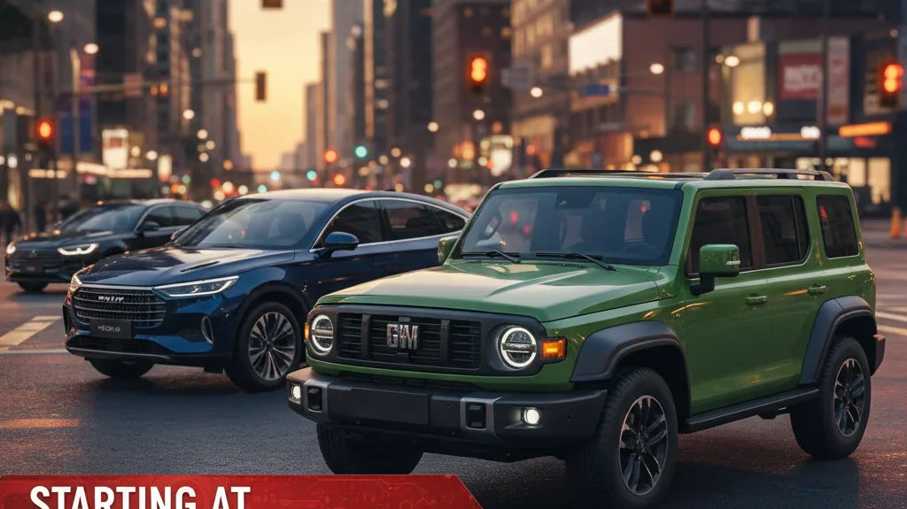 Editorial photo-realistic HERO image for automotive news (2026-02-02). Feature GWM and Denza vehicles specifically Tank 300 Hi4-T PHEV, Denza B5. Scen