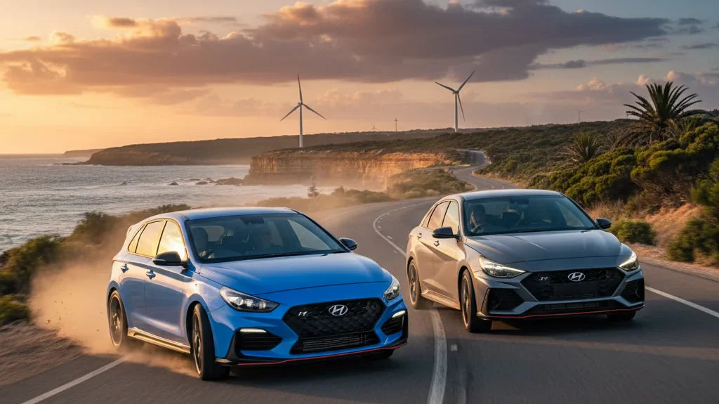 Editorial photo-realistic HERO image for automotive news (2026-02-20). Feature Hyundai vehicles specifically i30 N, Elantra N. Scene: A vibrant Austra