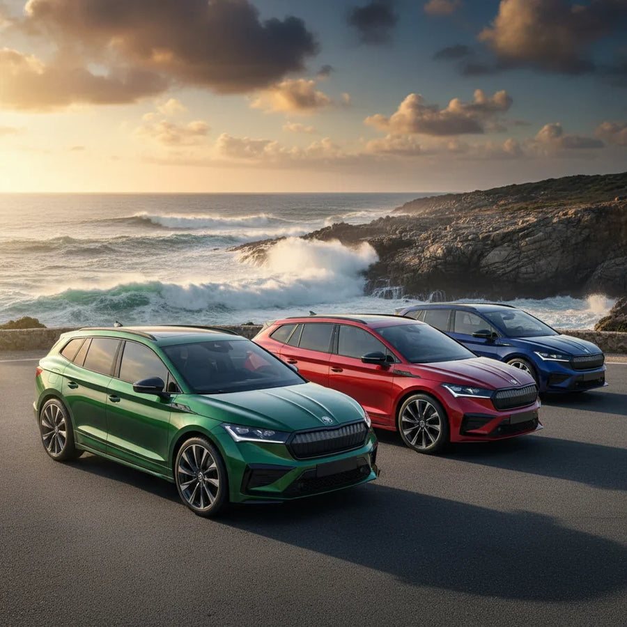 Editorial photo-realistic HERO image for automotive news (2026-03-17). Feature Skoda vehicles specifically Enyaq RS. Scene: The new Skoda Enyaq RS par