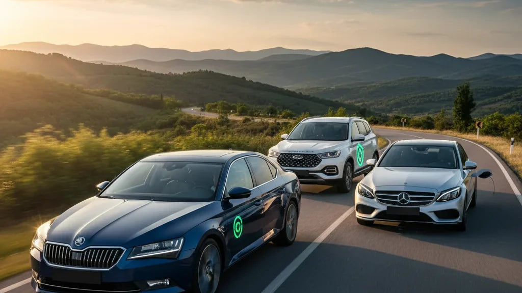 Editorial photo-realistic HERO image for automotive news (2026-04-06). Feature Skoda and Mercedes and Chery vehicles specifically Skoda Superb PHEV, M