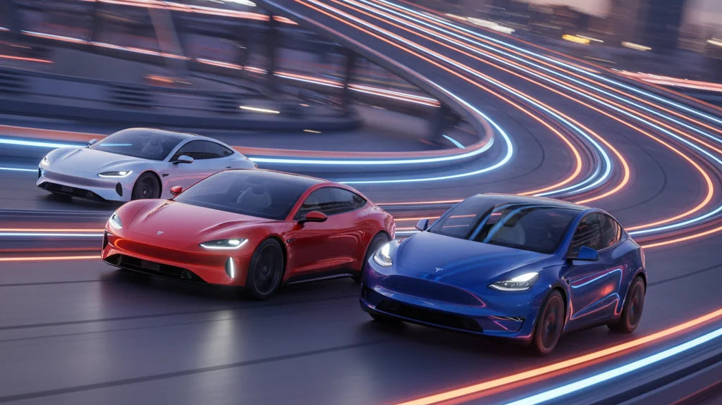 Editorial photo-realistic HERO image for automotive news (2026-04-24). Feature Xiaomi and Tesla vehicles specifically YU7 GT EV, Model Y. Scene: A fut