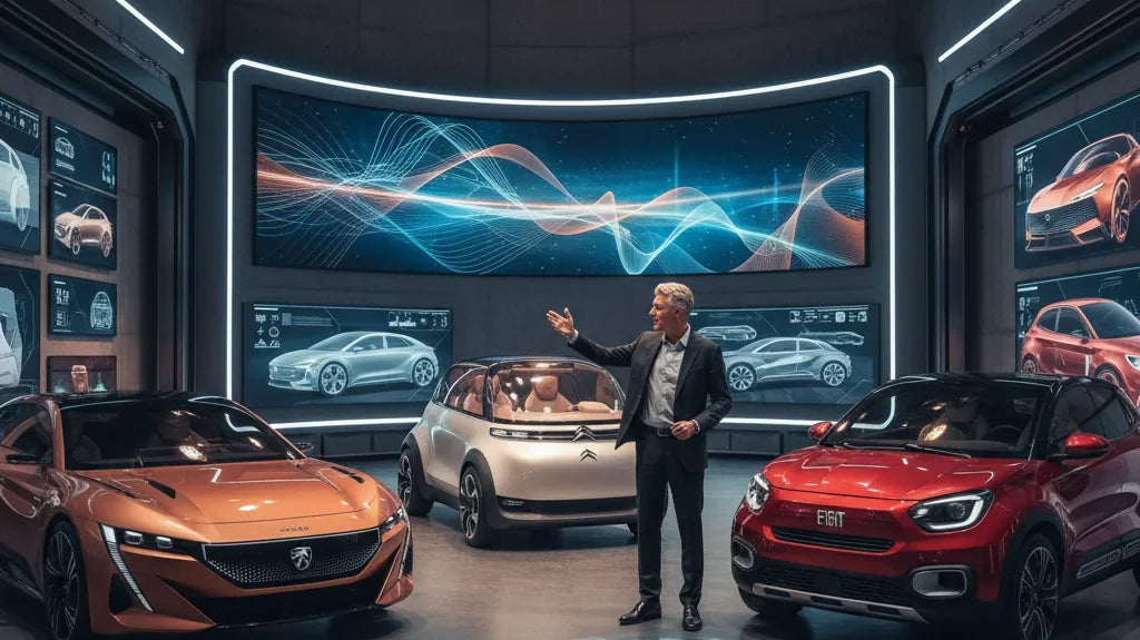 Editorial photo-realistic HERO image for automotive news (2026-05-17). Feature Stellantis vehicles specifically Peugeot, Citroën, Fiat. Scene: Gilles