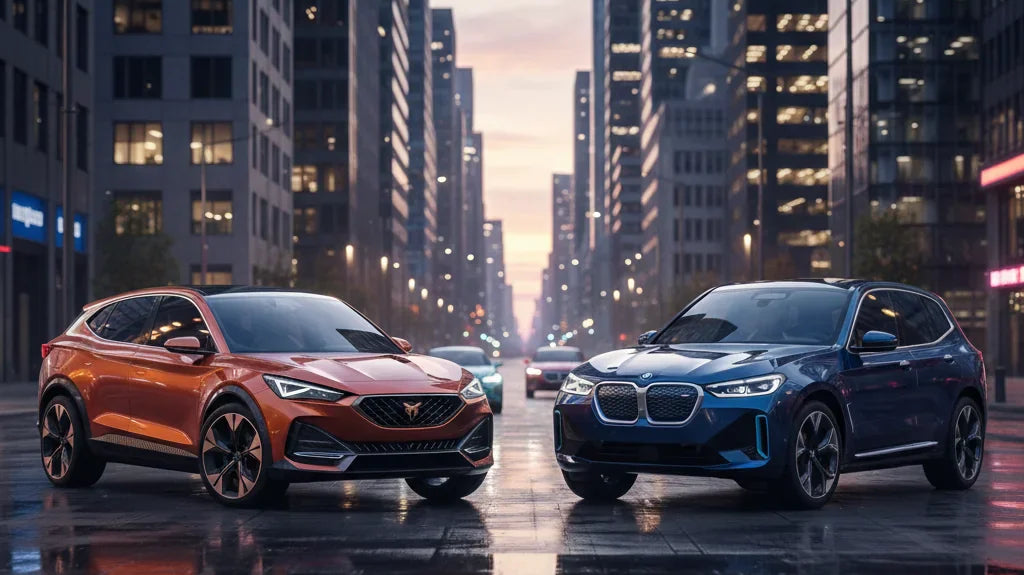 Editorial photo-realistic HERO image for automotive news (2026-05-23). Feature Cupra and BMW vehicles specifically Cupra Tindaya, BMW iX3. Scene: A dy