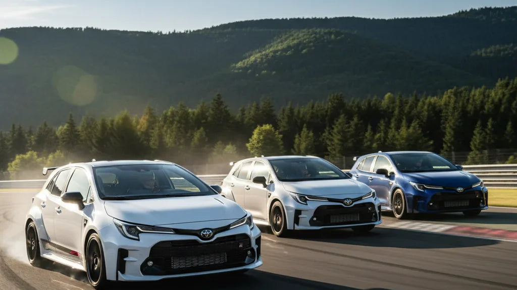 Editorial photo-realistic HERO image for automotive news (2026-06-02). Feature Toyota vehicles specifically GR Corolla, GRMN Corolla. Scene: The new T