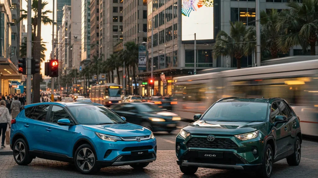 Editorial photo-realistic HERO image for automotive news (2026-06-03). Feature BYD and Toyota vehicles specifically BYD Atto 3, Toyota RAV4. Scene: A