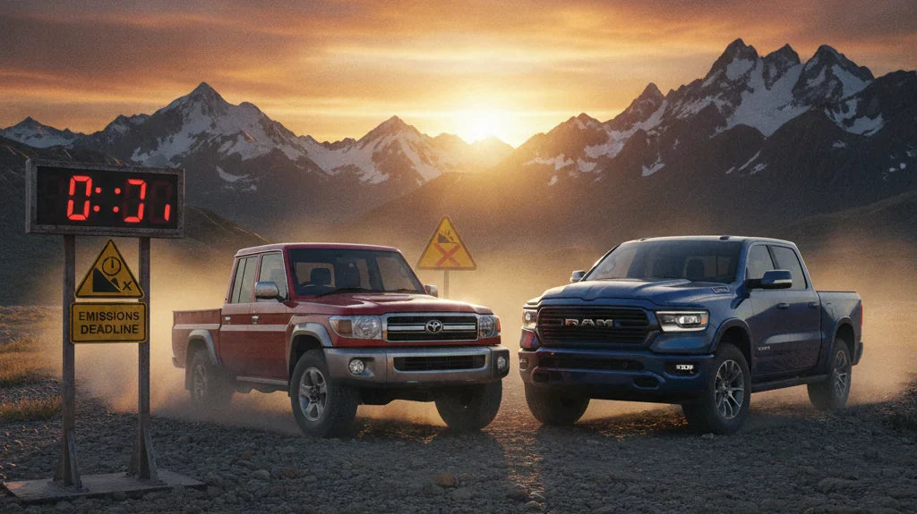 Editorial photo-realistic HERO image for automotive news (2026-07-06). Feature Toyota and Ram vehicles specifically LandCruiser 70 Series, Ram 1500. S