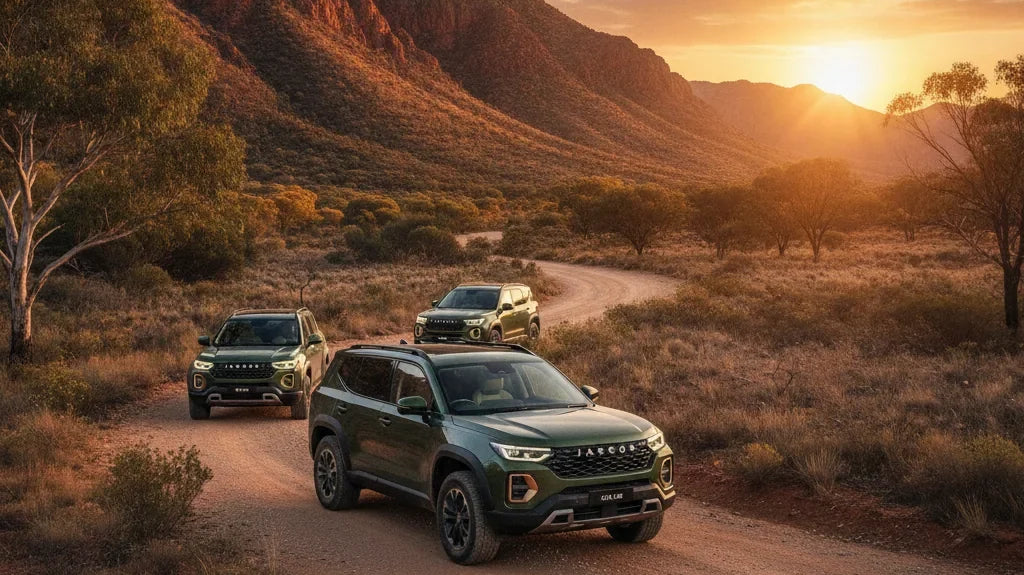 Editorial photo-realistic HERO image for automotive news (2026-07-28). Feature Jaecoo vehicles specifically J8 SHS. Scene: A scenic Australian landsca