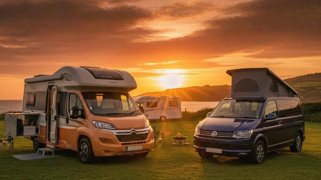 Editorial photo-realistic HERO image for automotive news (2026-08-02). Feature Citroen and Volkswagen vehicles specifically Citroen campervan, VW Cali