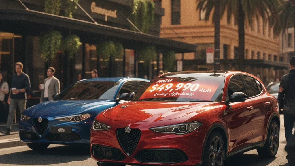 Editorial photo-realistic HERO image for automotive news (2026-08-03). Feature Alfa Romeo vehicles specifically Alfa Romeo's cheapest model. Scene: A