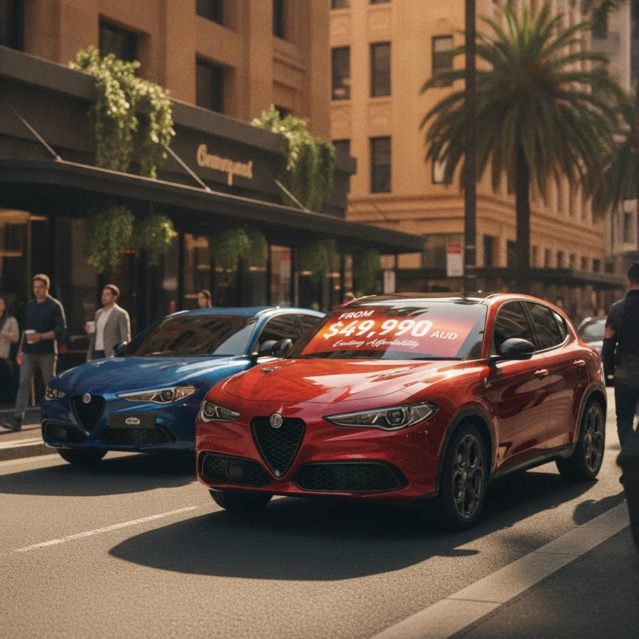 Editorial photo-realistic HERO image for automotive news (2026-08-03). Feature Alfa Romeo vehicles specifically Alfa Romeo's cheapest model. Scene: A