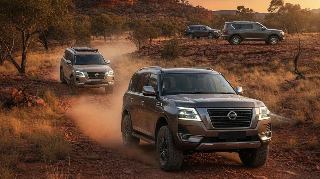 Editorial photo-realistic HERO image for automotive news (2026-08-07). Feature Nissan vehicles specifically Patrol Y63. Scene: The new 2027 Nissan Pat