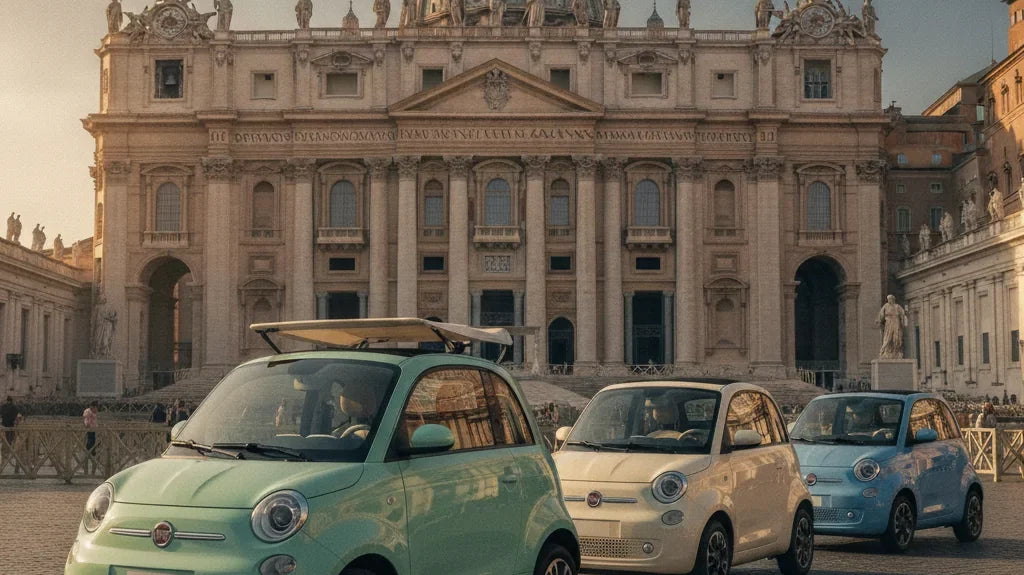Editorial photo-realistic HERO image for automotive news (2026-08-08). Feature Fiat and Vatican City vehicles specifically Fiat Topolino. Scene: The F