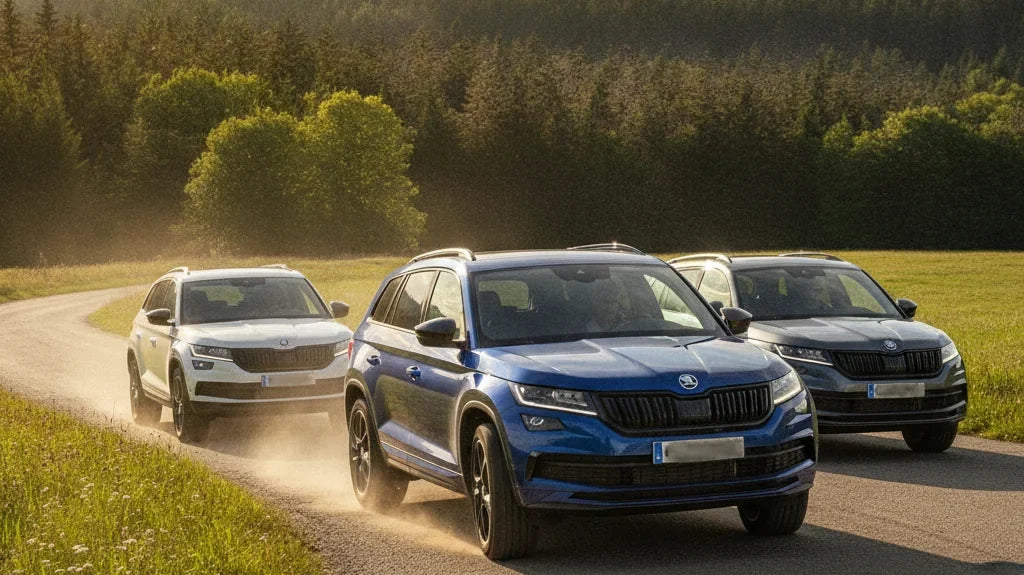 Editorial photo-realistic HERO image for automotive news (2026-08-09). Feature Skoda vehicles specifically Kodiaq vRS. Scene: A dynamic shot of the Sk