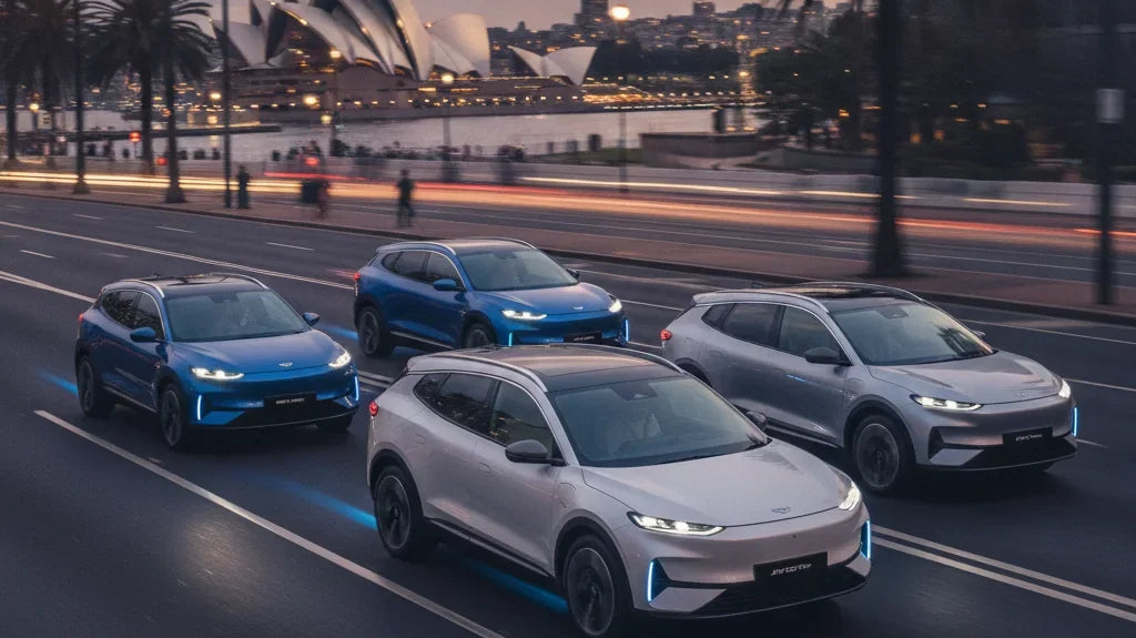 Editorial photo-realistic HERO image for automotive news (2026-08-11). Feature Jetour vehicles specifically New Electric SUV. Scene: A sleek, modern e