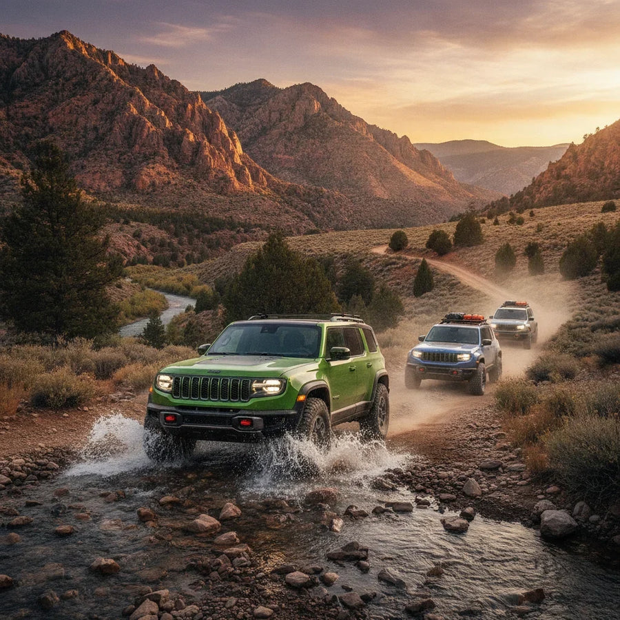 Editorial photo-realistic HERO image for automotive news (2026-08-29). Feature Jeep vehicles specifically Recon EV. Scene: A rugged Jeep Recon EV driv