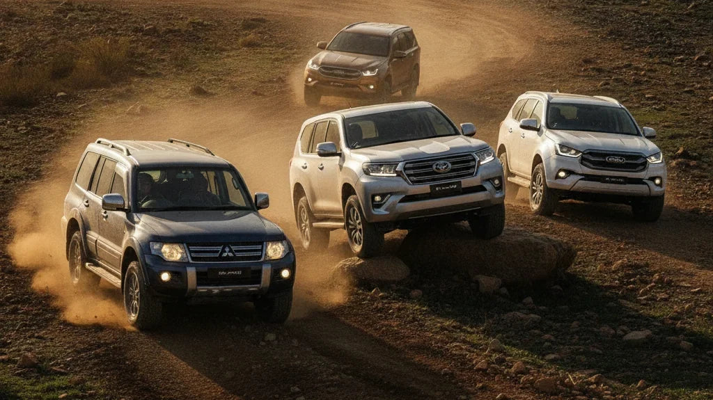 Editorial photo-realistic HERO image for automotive news (2026-10-04). Feature Mitsubishi and Toyota and Ford and Isuzu vehicles specifically Pajero,