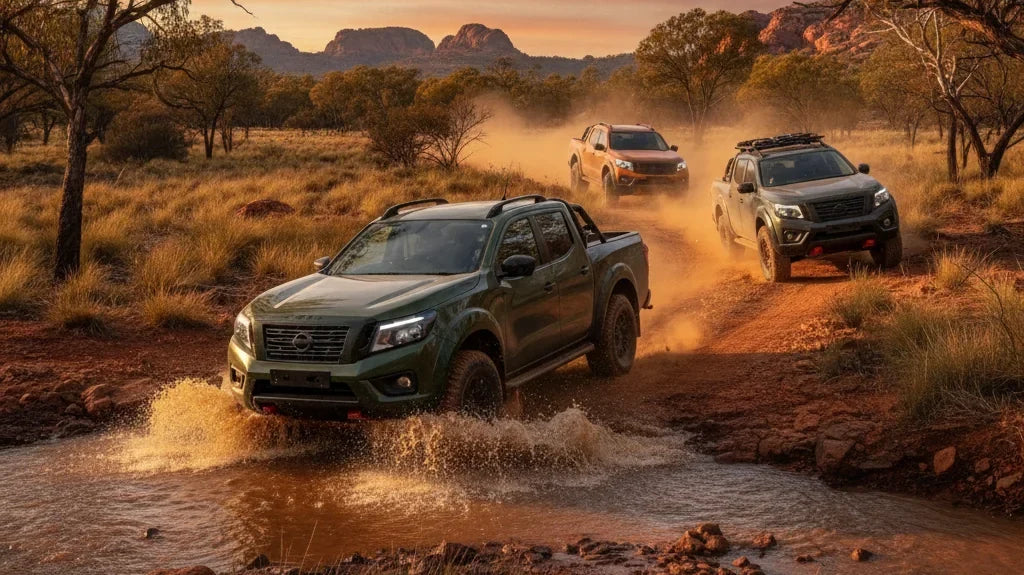 Editorial photo-realistic HERO image for automotive news (2026-10-08). Feature Nissan vehicles specifically 2027 Nissan Navara Pro PHEV. Scene: A rugg