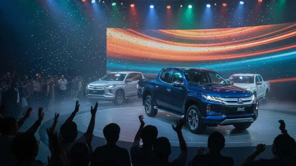 Editorial photo-realistic HERO image for automotive news (2026-10-09). Feature Honda and Mitsubishi vehicles specifically Mitsubishi Triton. Scene: A
