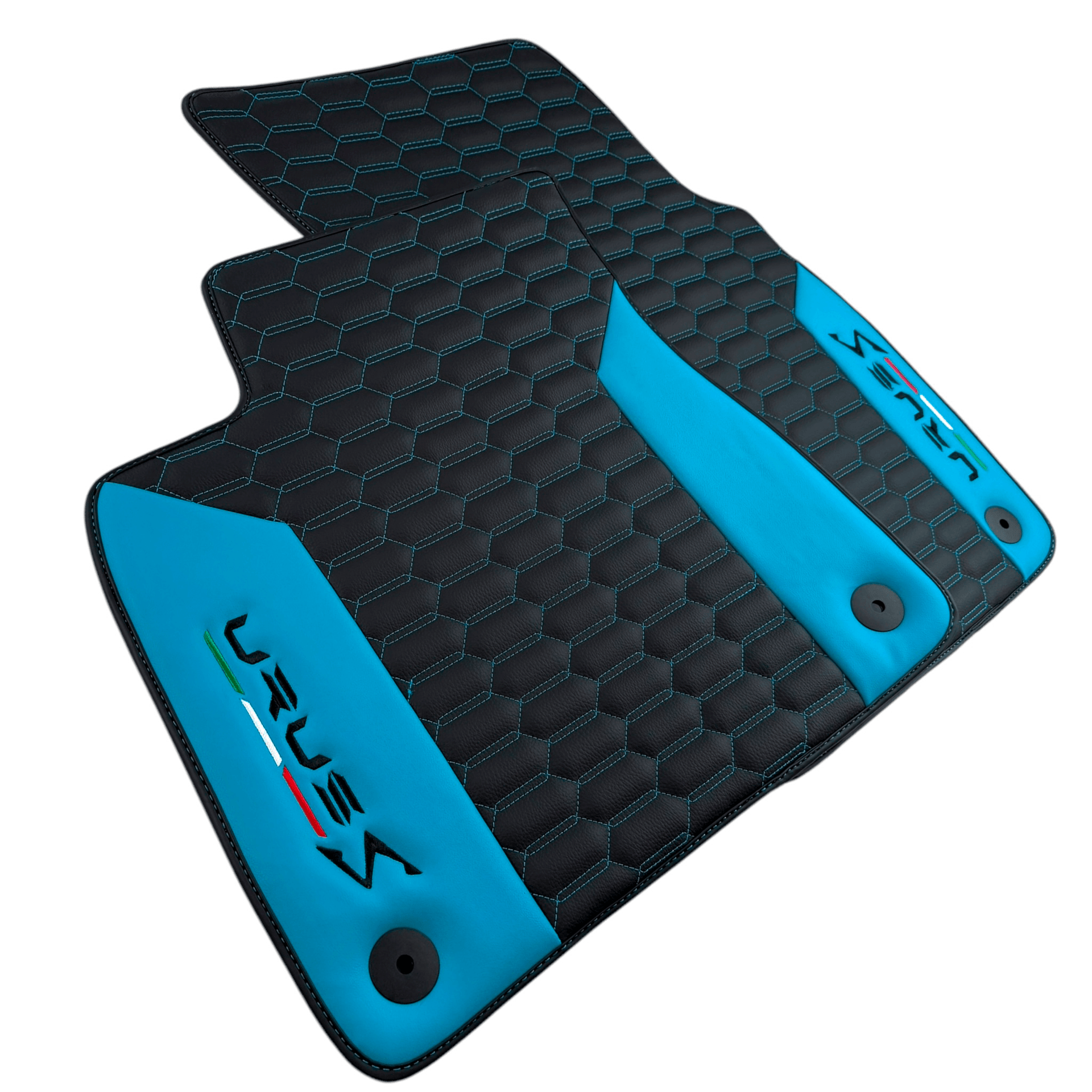 Black Leather Floor Mats for Lamborghini Urus S with Sky Blue Leather Accent