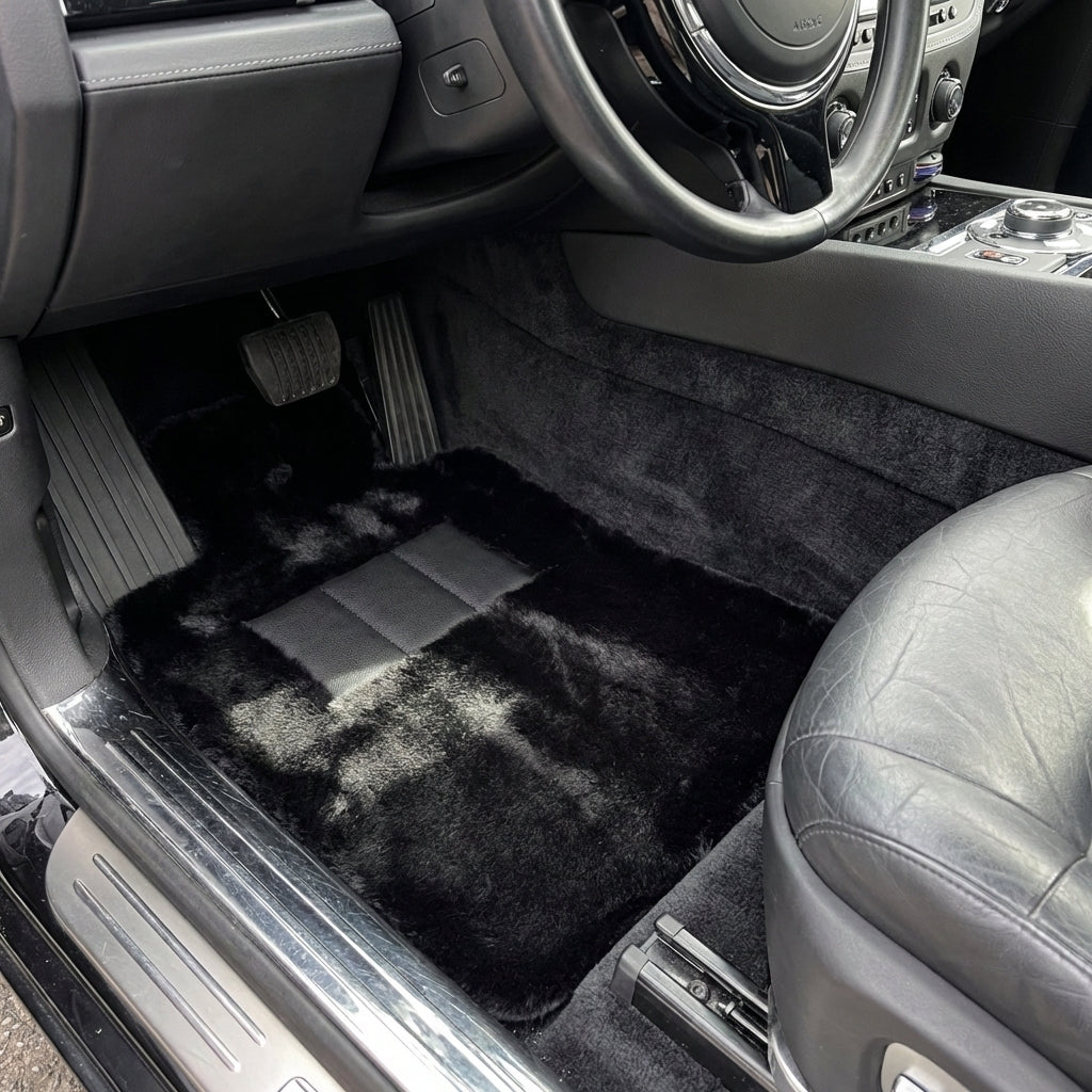 Black Floor Mats for Rolls Royce Ghost Series I 2010-2020 with Gray Leather Borders - AutoWin