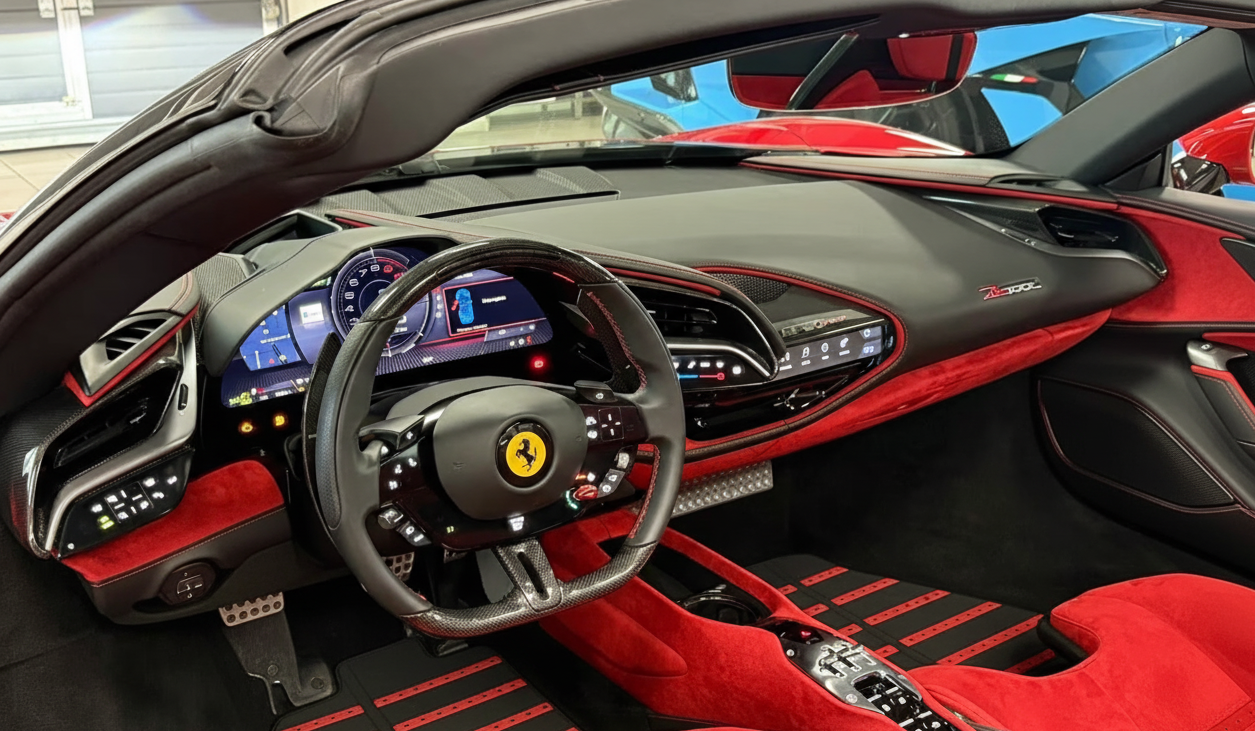 Black Floor Mats for Ferrari SF90 Stradale (2019-2024) with Red Alcantara Leather - AutoWin