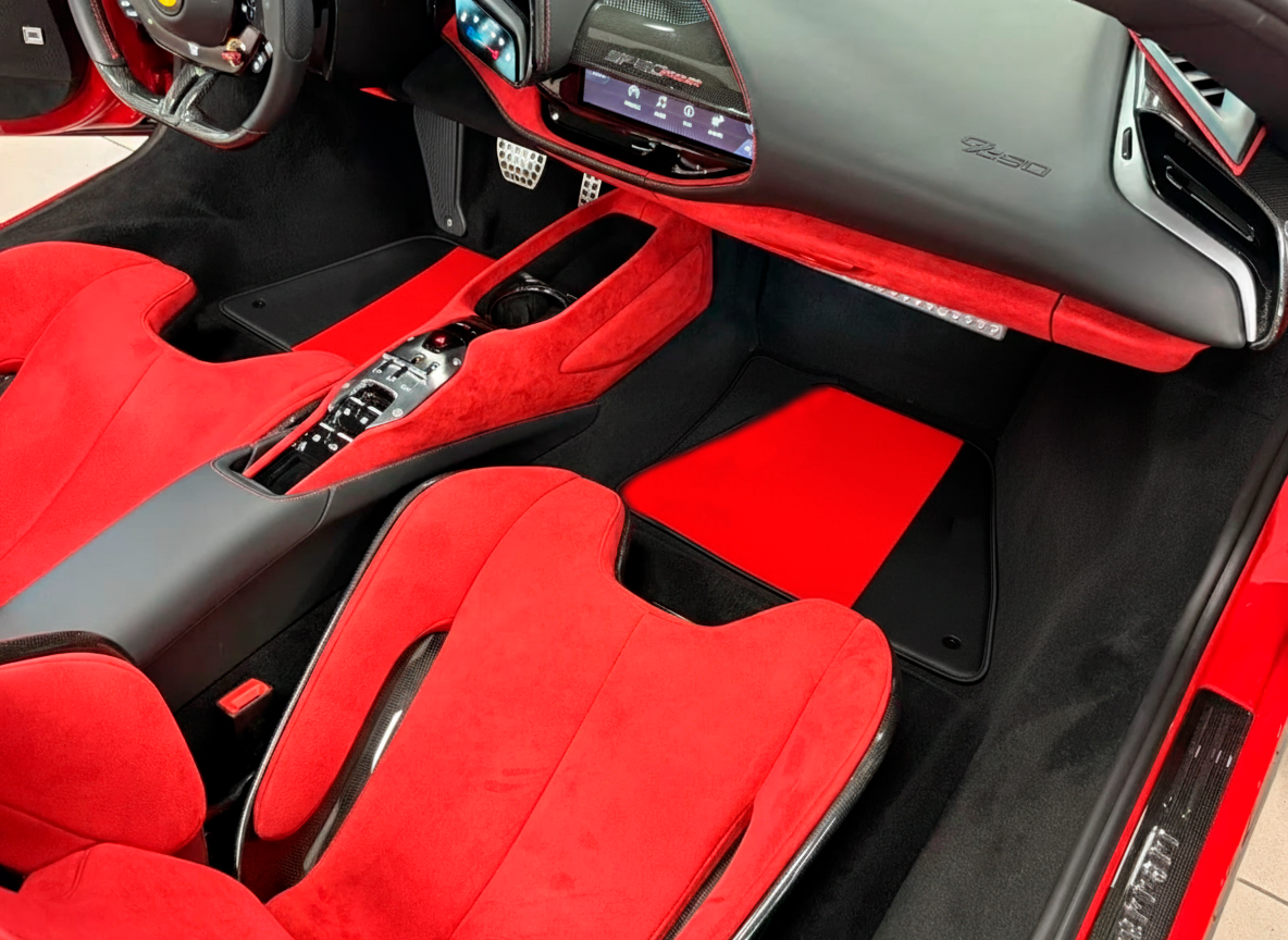 Black Floor Mats for Ferrari SF90 Stradale (2019-2024) with Red Alcantara Leather - AutoWin