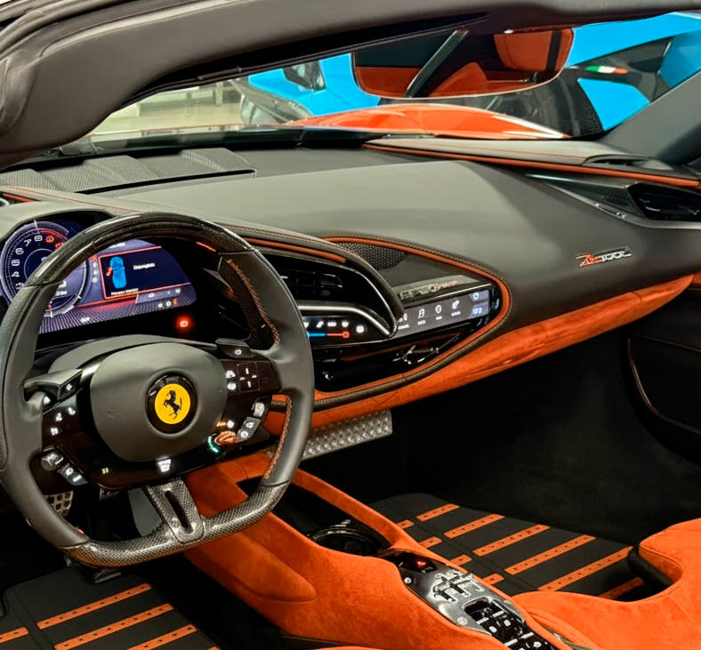 Black Floor Mats for Ferrari SF90 Stradale (2019-2024) with Red Alcantara Leather - AutoWin