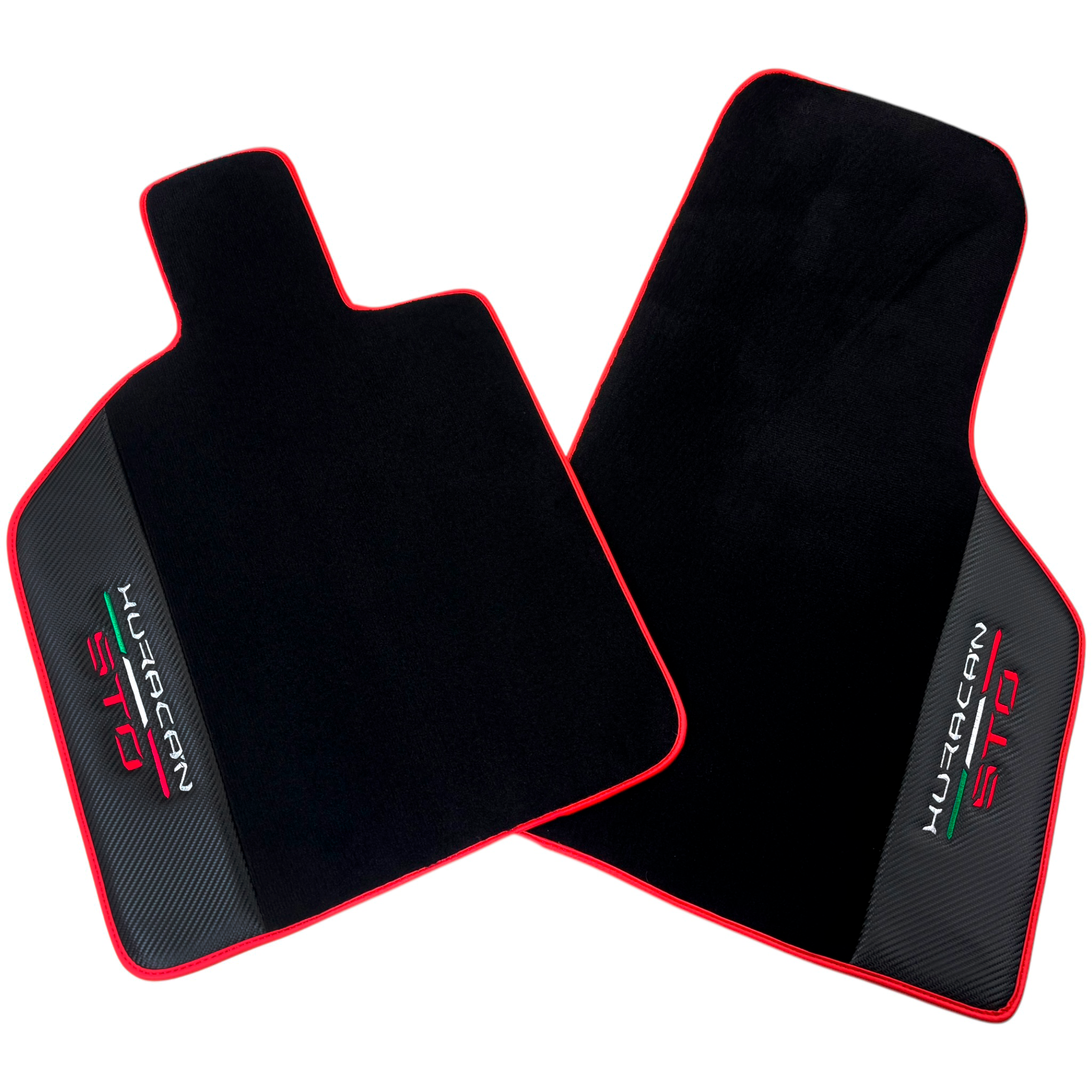Black Floor Mats for Lamborghini Huracan STO with Carbon Fiber Leather | Red Trim