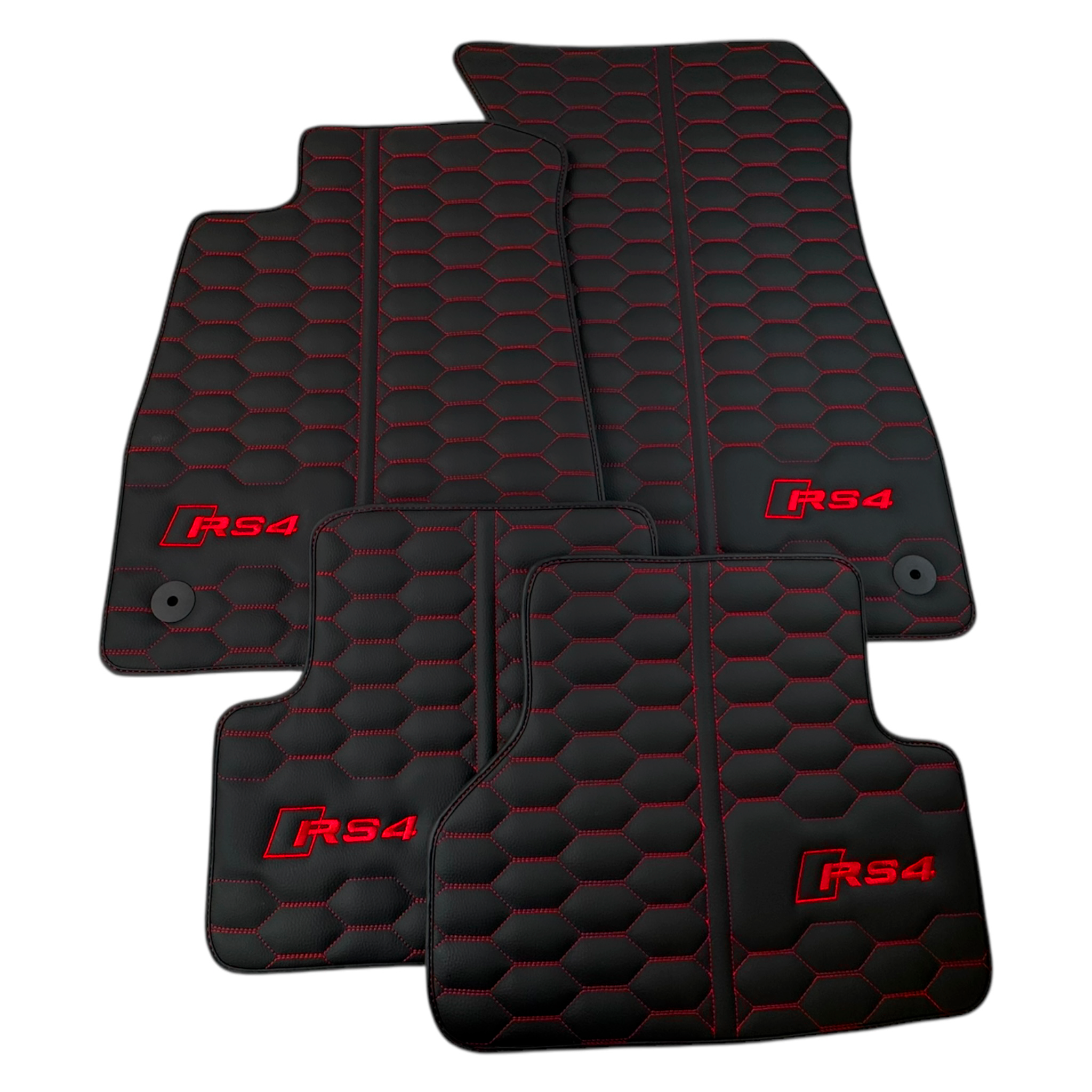 Black Leather Floor Mats for Audi RS 4 B9 Avant (2017-2024) Red Stitching