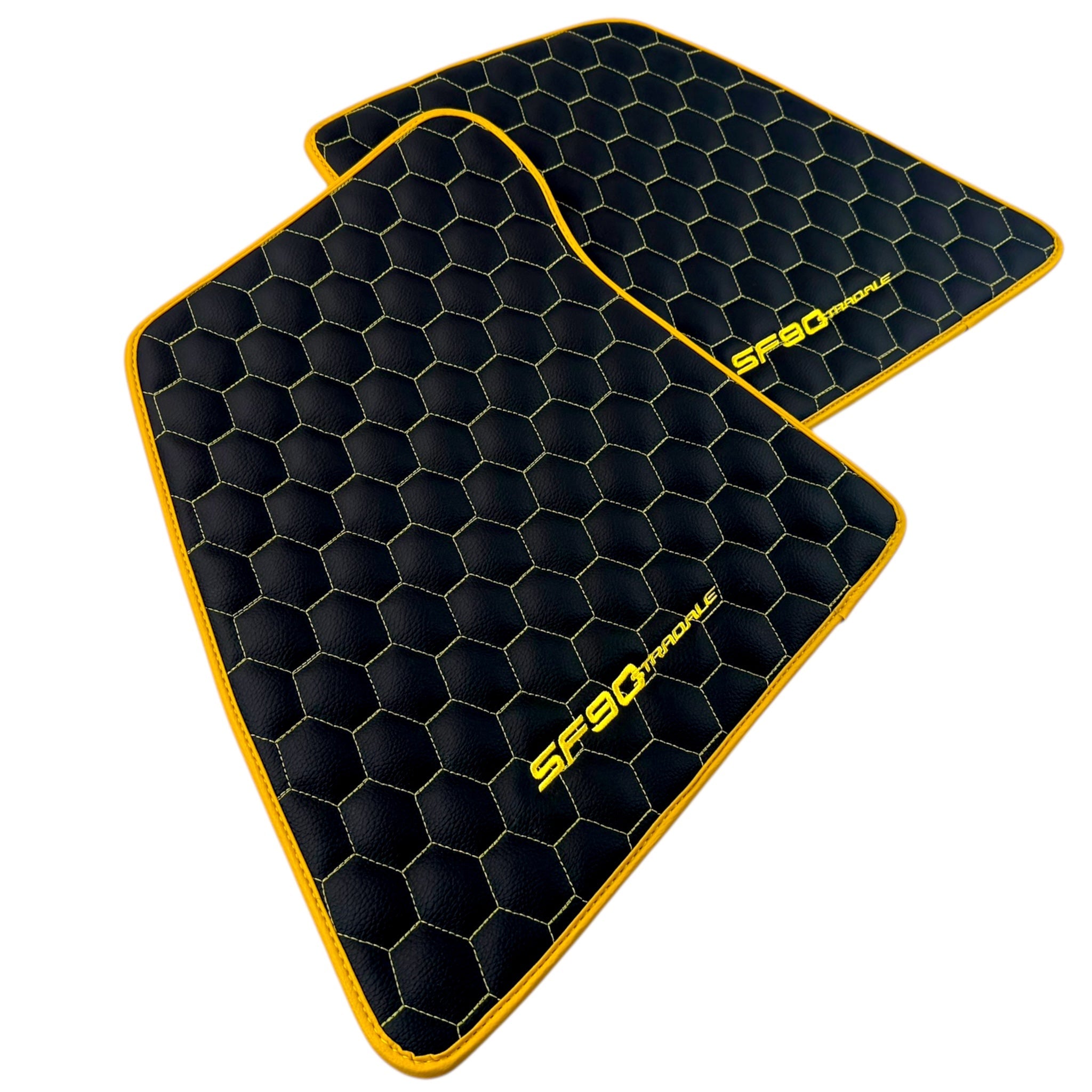 Black Leather Floor Mats for Ferrari SF90 Stradale (2019-2024) with Symmetrical Hex Pattern