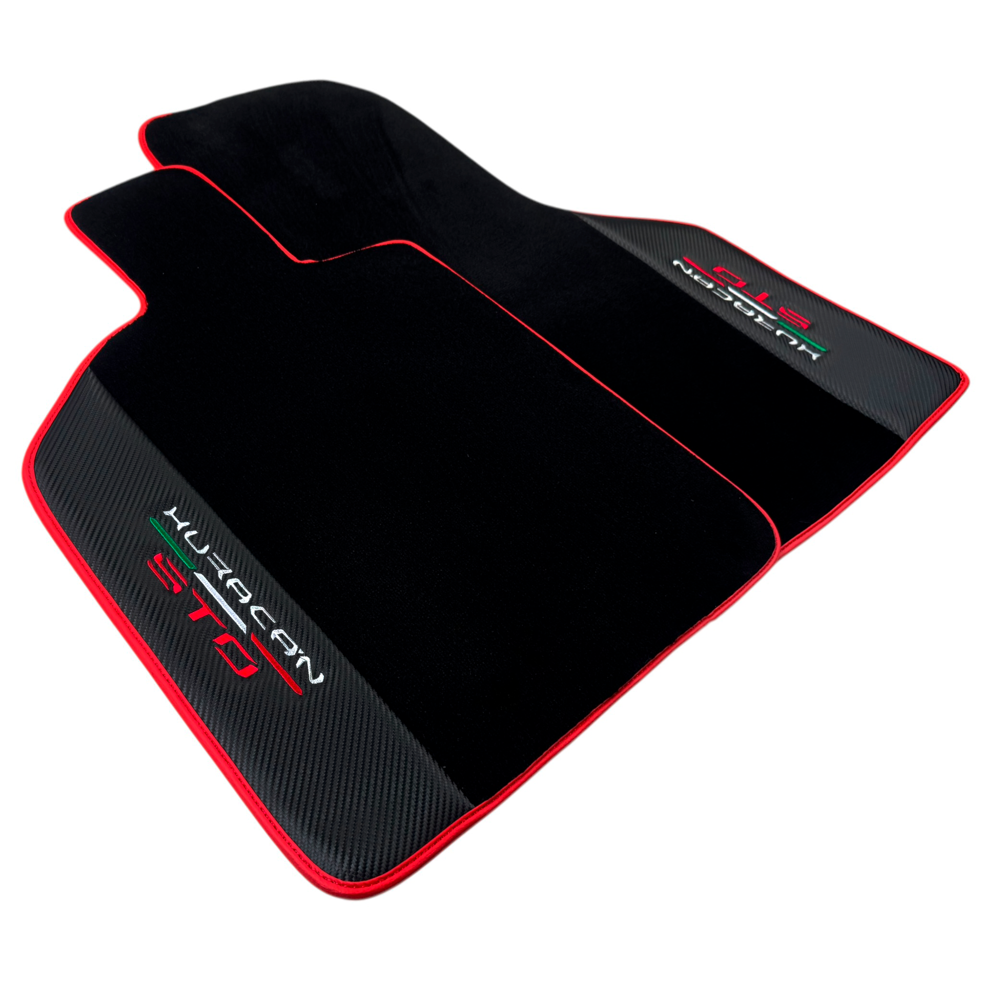 Black Floor Mats for Lamborghini Huracan STO with Carbon Fiber Leather | Red Trim