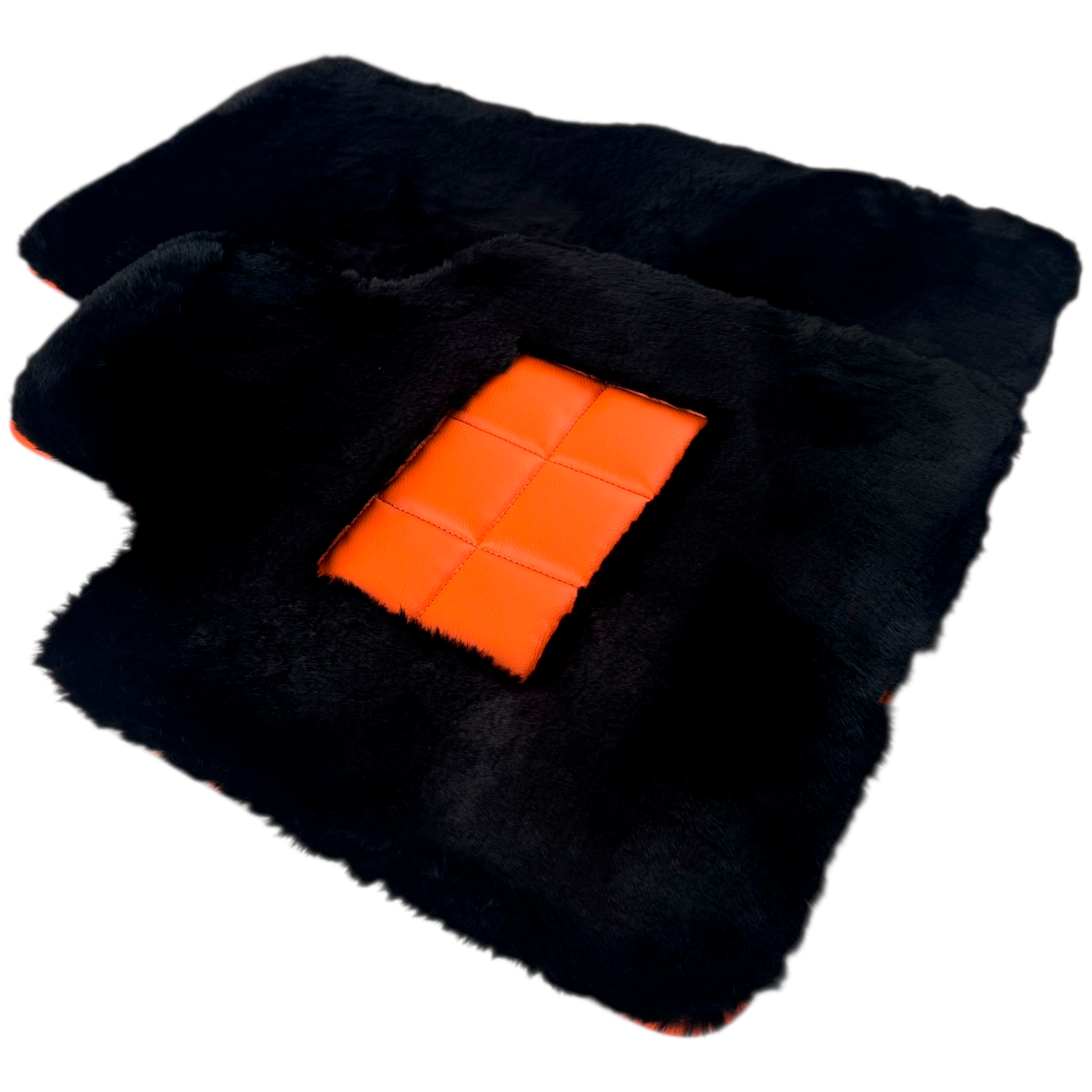 Black Sheepskin Floor Mats for Rolls-Royce Spectre (2023-2024) Orange Leather Trim