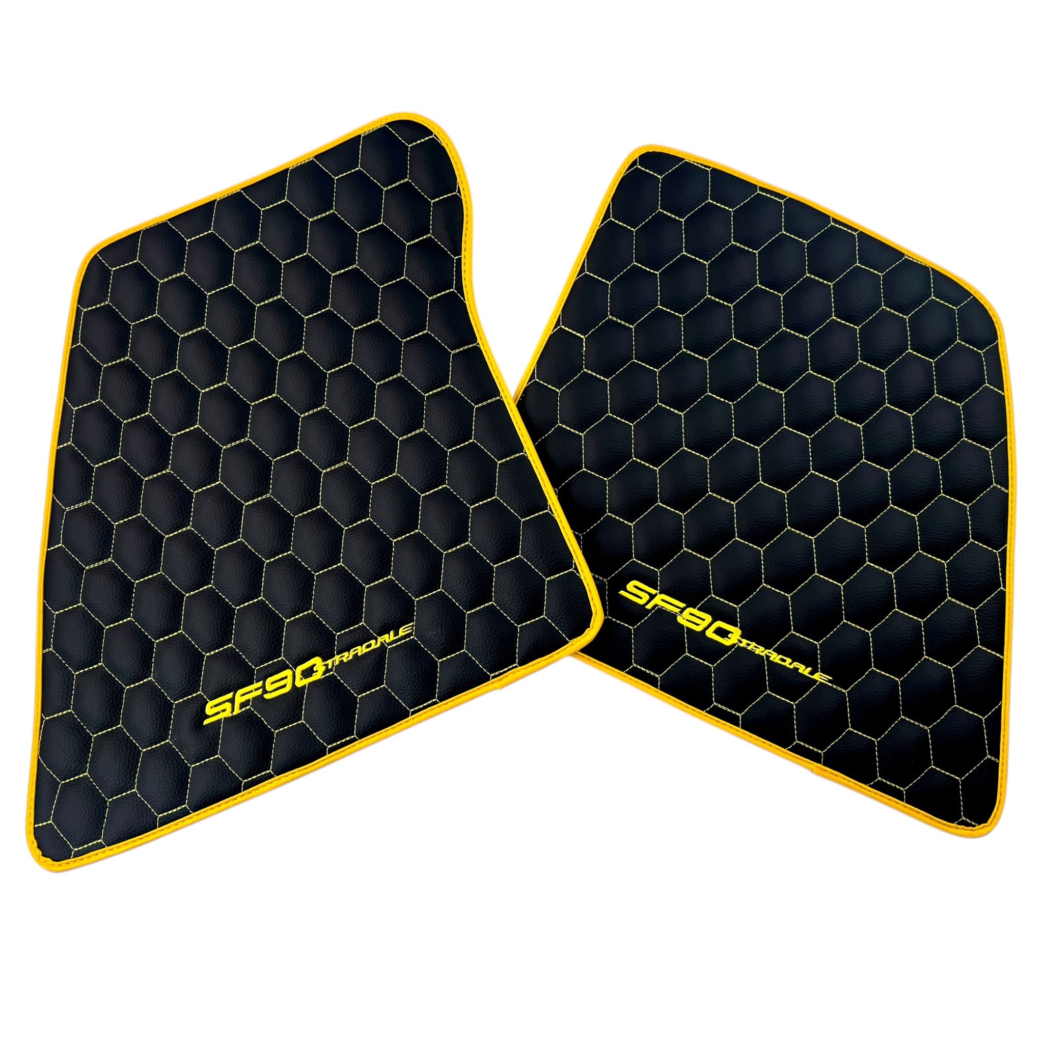 Black Leather Floor Mats for Ferrari SF90 Stradale (2019-2024) with Symmetrical Hex Pattern