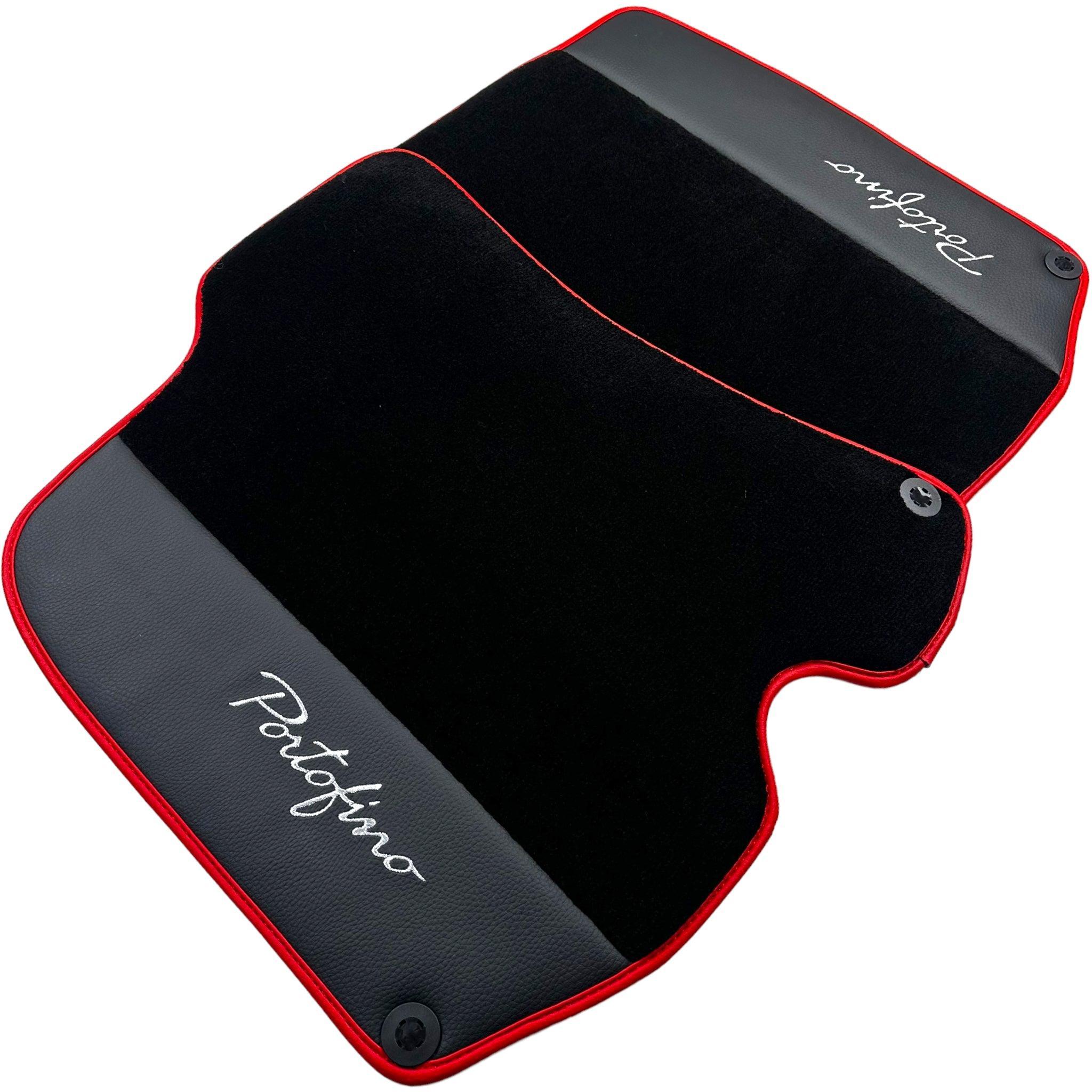 Black Floor Mats For Ferrari Portofino (2018-2023) With Leather and Red Trim - AutoWin