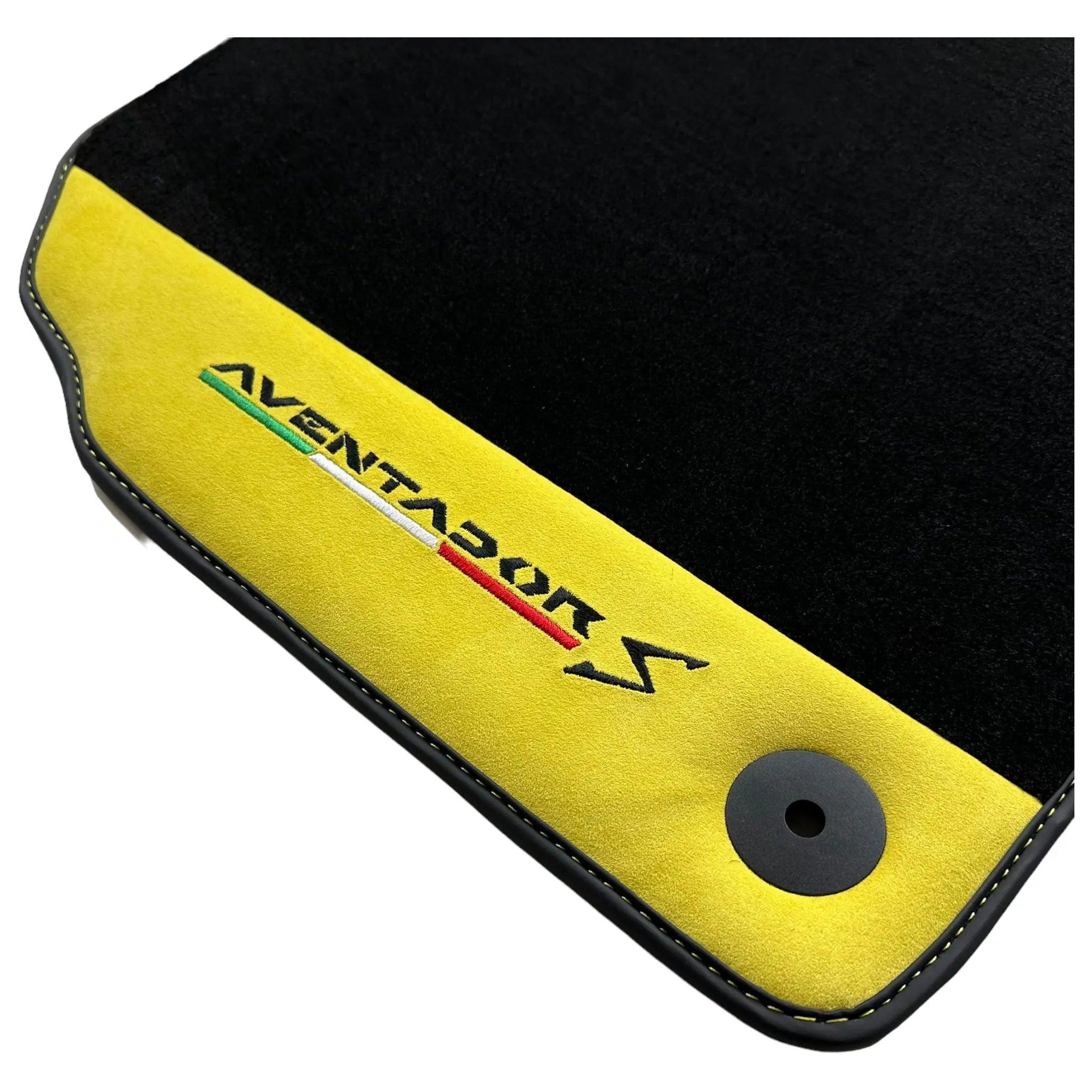 Black Floor Mats for Lamborghini Aventador S with Yellow Alcantara Leather - AutoWin
