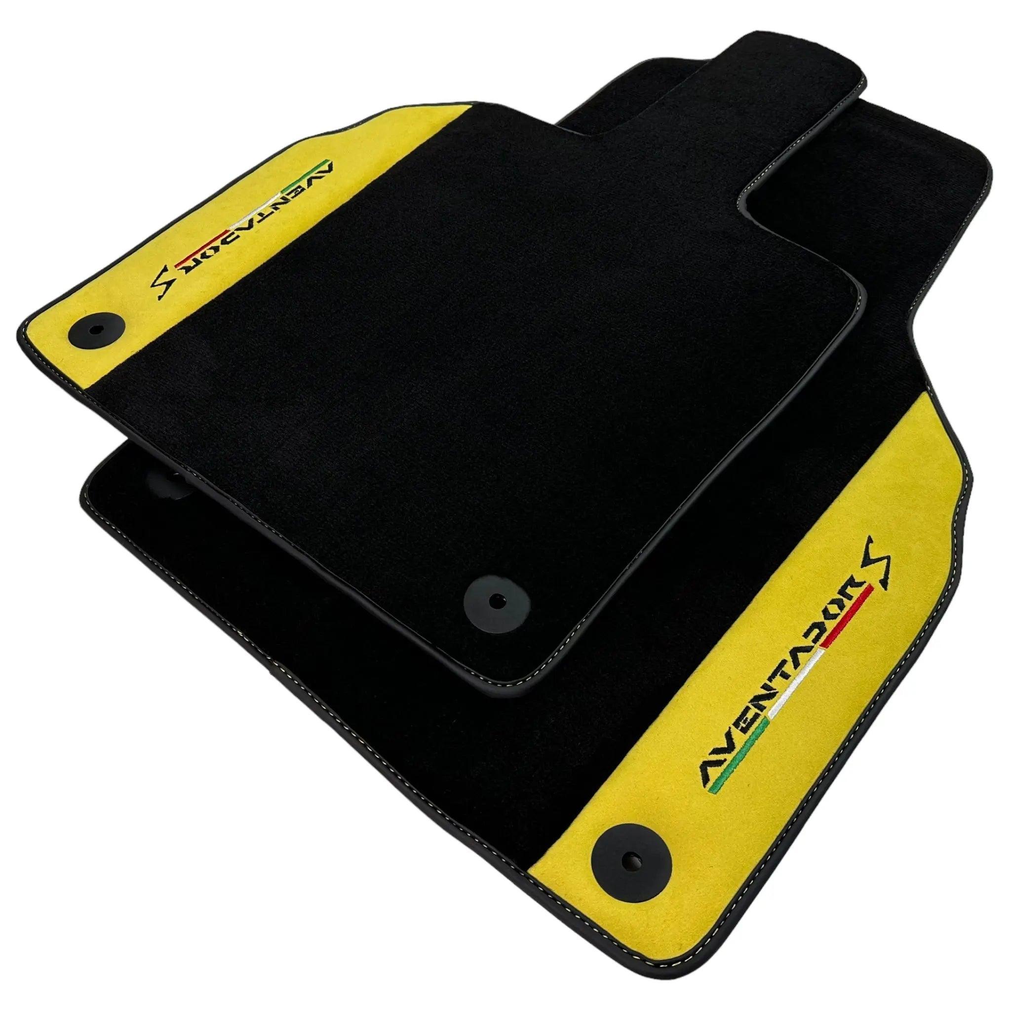 Black Floor Mats for Lamborghini Aventador S with Yellow Alcantara Leather - AutoWin
