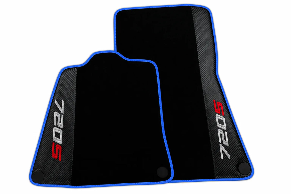 Black Floor Mats for McLaren 720S with Carbon Fiber | Various Trim Colors Blue trim